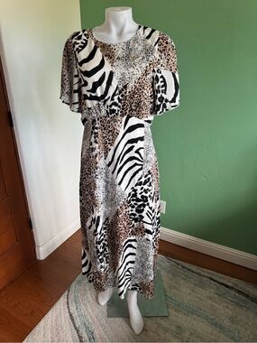 Girl In Mind Euro Brand Animal Print Maxi Dress in Black, White & Tan Sz 8